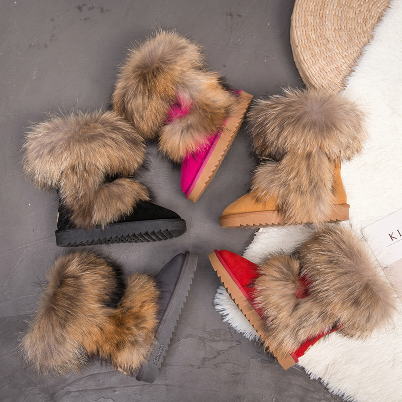 Natural Fox Fur Snow Boots Genuine Cow Suede Leather Boots Shoes Mid-calf Knee Boots Raccoon Fur Warm Female Flat Boots
