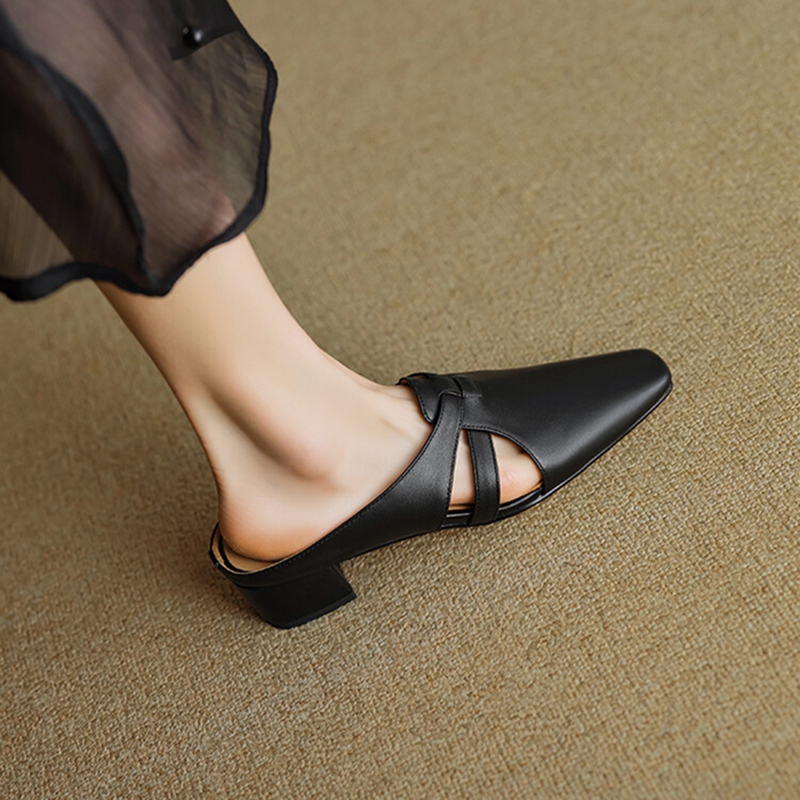 NEW Summer Women Mules Split Leather Shoes for Women Cover Toe Chunky Heel Slippers Concise Square Toe Handmade Modern Sandals