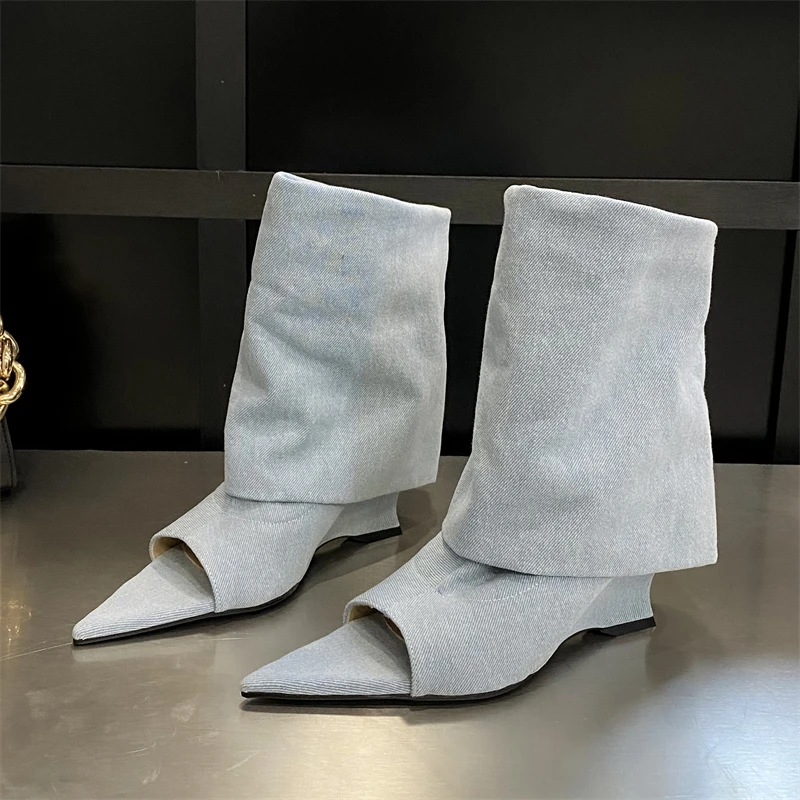 Eilyken Fashion Pointed Peep Toe Women New Boots Sandals Designer Knee-High Booties Wedges Heels Ladies Shoes atos De Mujer 66b6