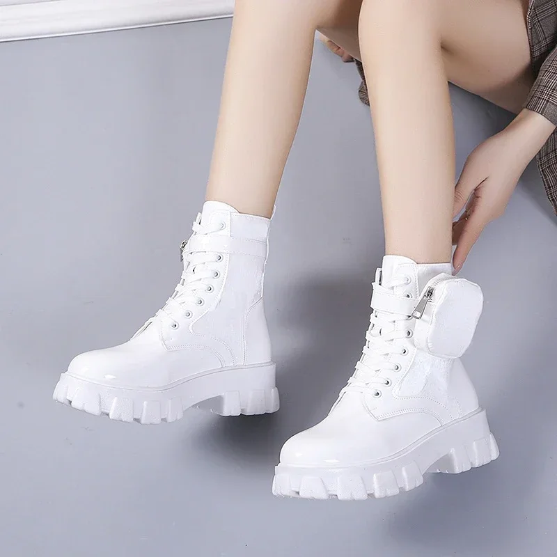 New Autumn Winter Shoes Women Short Boots Pocket Buckle Strap Ankle Boots Red PU Leather Mid-calf Platform Booties Cross-tied