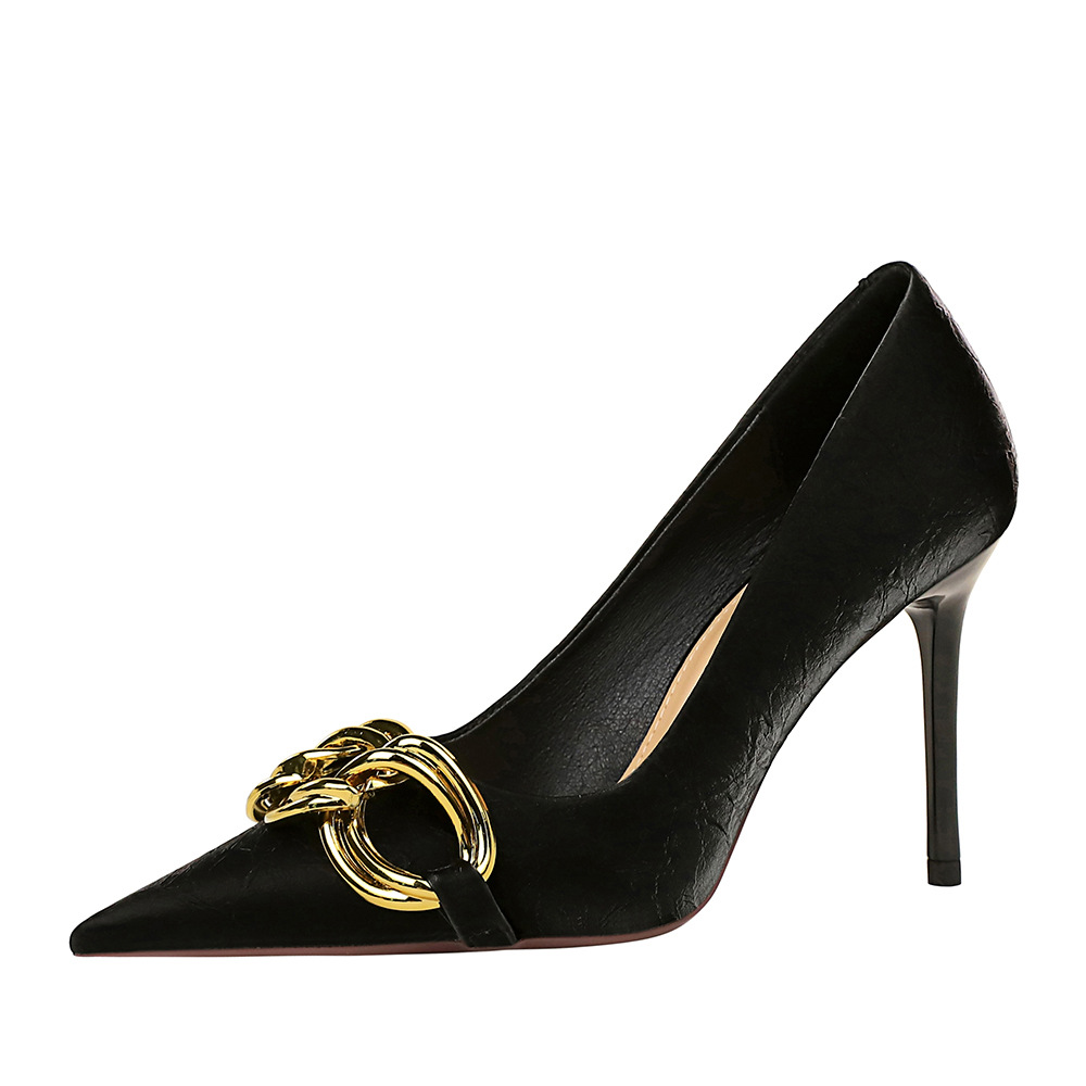 New BIGTREE Woman Pumps Designer Shallow Metal Decoration Pointed Toe PU 9.5CM Thin Heels Mature Party Women Shoes Black