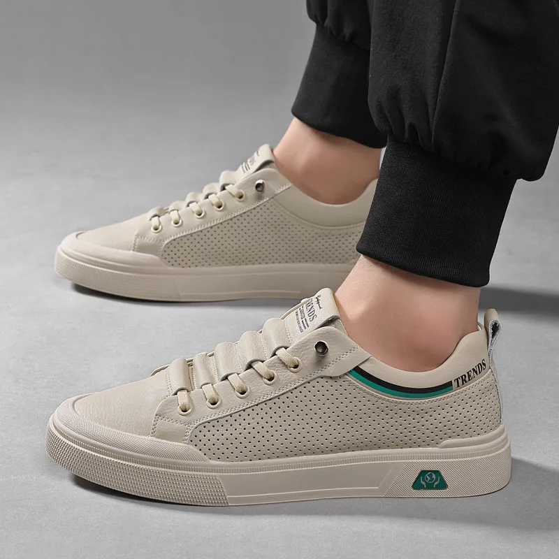 2024 New Shoes for Men Genuine Leather Casual Shoes Summer Breathable Microporous Flat Skateboard Shoes Cow Leather Sneaker