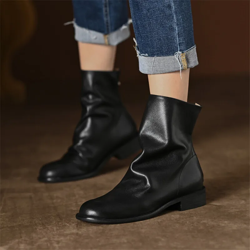 2023 Autumn Winter Soft Retro Ankle Boots Round Toe Low Heel Western Boot Shoes for Women