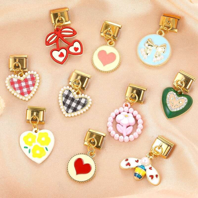 New Women's Gift Gold cute bow heart Pendant Italian Charms Links Bangle Beads Fit 9mm Stainless Steel Bracelet Making DIY For Women Fashion Jewe