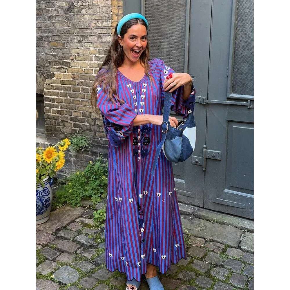 Vintage Printed Striped Color Blocked Long Dresses Women Casual V-Neck Puff Sleeve Loose Dress 2024 Autumn Lady High Streetwear