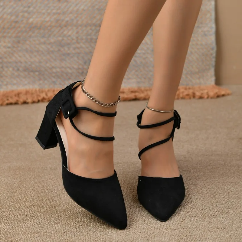 2025 new for Women Spring New Ladies Pointed Toe High Heels Comfortable Chunky Heel Pumps Simple and Elegant Black Dress Shoes d715