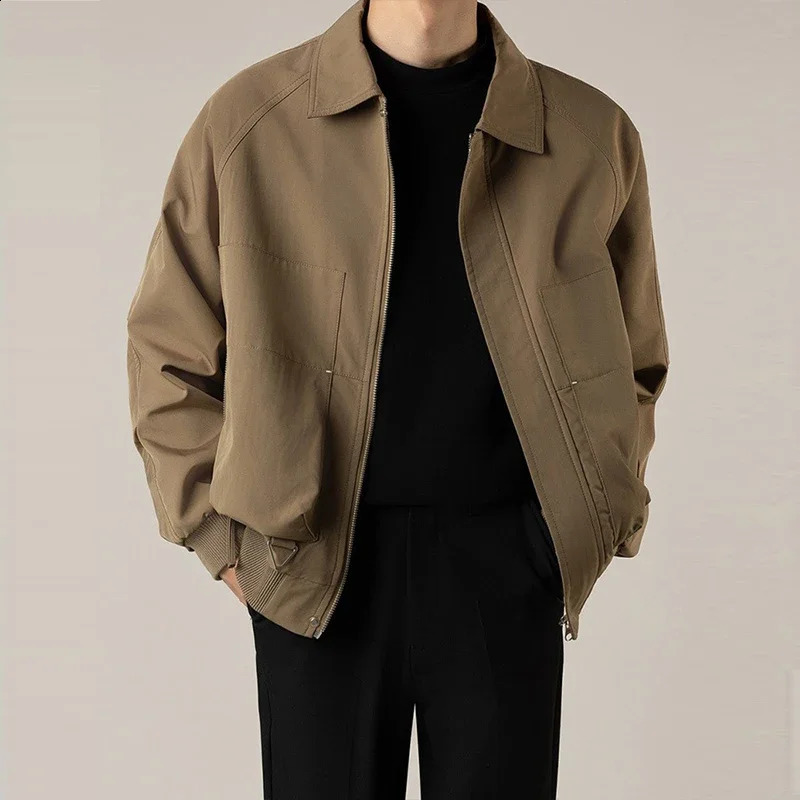 Autumn Clothing Mens Korean Jacket Casual Streetwear Turndown Collar Pocket Long Sleeve Coat Harajuku Retro 2024 240912