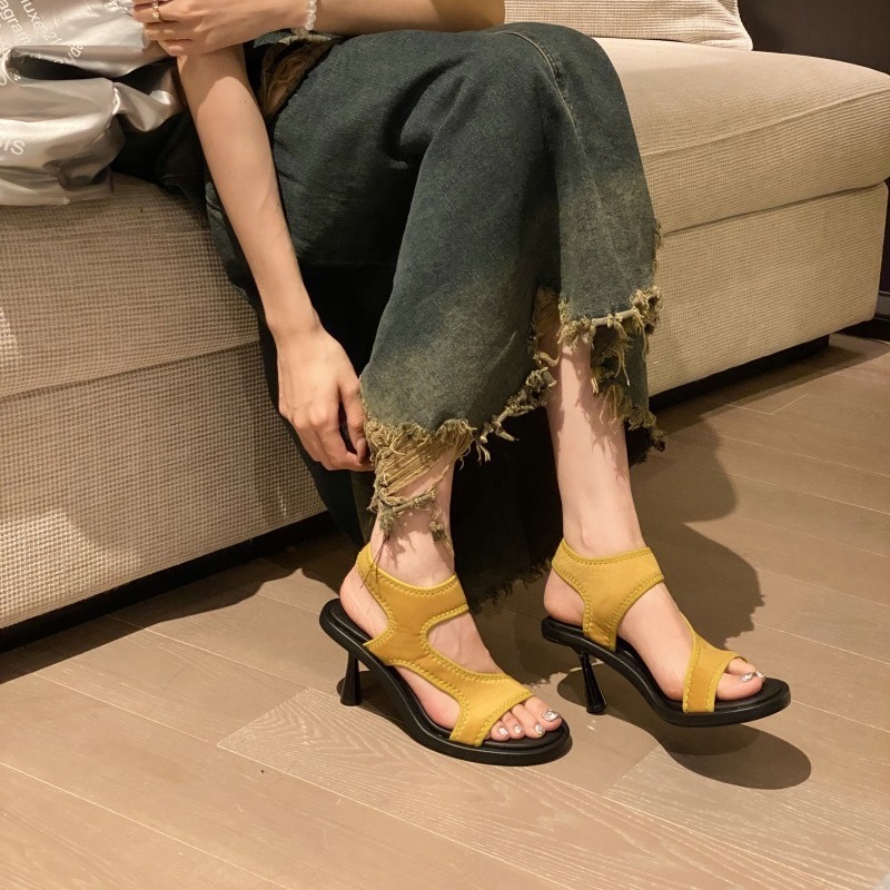 Sandals 2024 Ladies Shoes Summer High Heels Open Toe Suit Female Beige New New Comfort Low Retro Fashion High-heeled Stiletto Elasti db08 -heeled