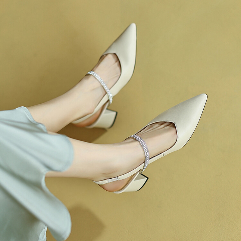Summer/Spring 2023 Pointed Toe Chunky Heel Sandals Solid Elegant High Heels Sheepskin Women Party New Shoes 262f s
