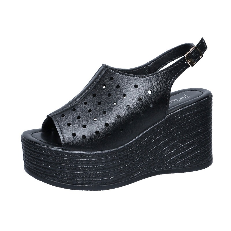 Women's Simple Retro Soft Leather Large Size Comfortable Fish Mouth High Heels Hollow Breathable Platform Slippers Women