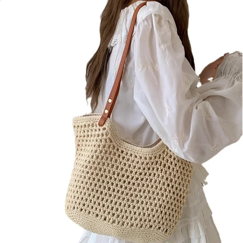 Leisure hollow large capacity handbag milk cotton woven womens shoulder bag handmade summer beach big Bali shopping 240913