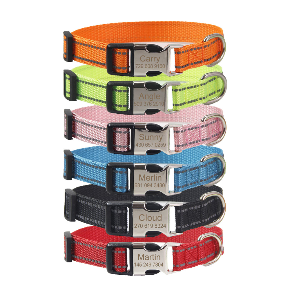 Adjustable Personalized Custom Dog Collar Nylon Reflective Pet Collar Free Engraved Name and Phone ID Tag To Prevent Lost Collar