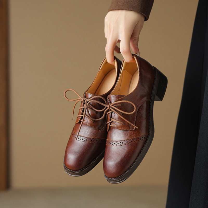 Spring/Autumn NEW Genuine Leather for Round Toe Chunky Women Pumps Lace-up High Heel Shoes f85e