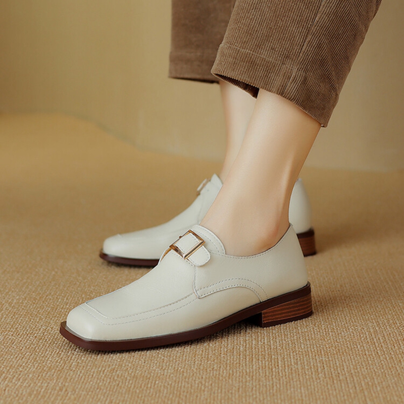 Spring NEW Loafers Genuine New Leather for Square Toe Chunky Heel Women Pumps Slip-on Buckle Oxfords Shoes 0fd3 Oxds