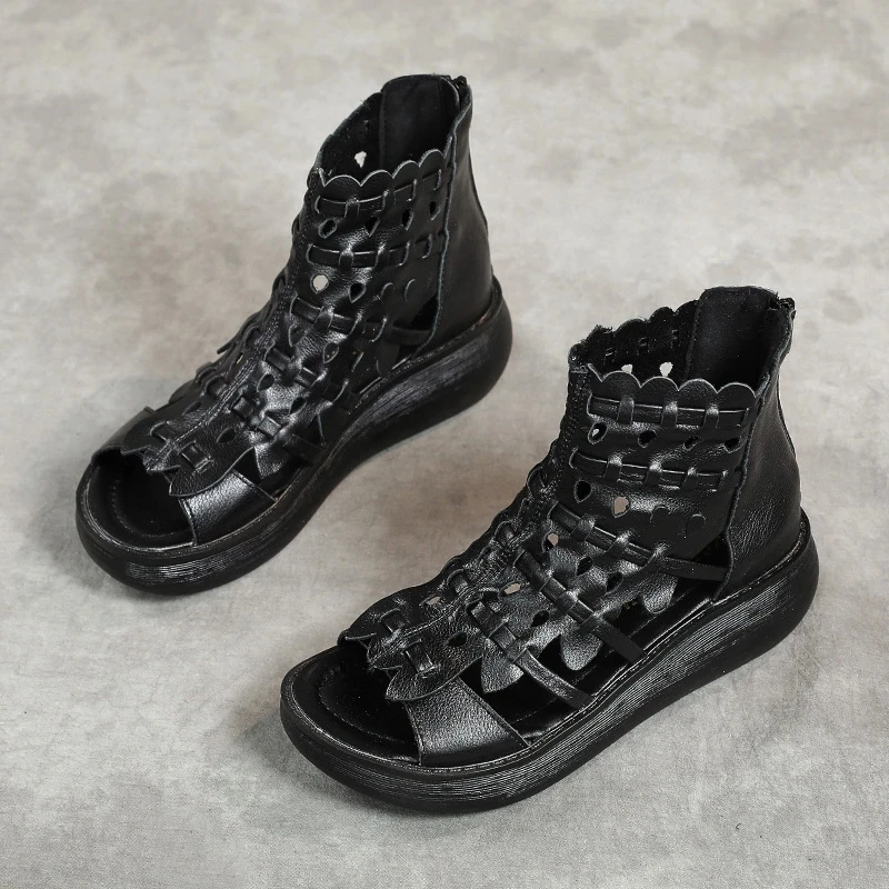 Summer New Retro Leather Thick-Soled Roman Sandals Fish Mouth Platform Shoes Women's Summer National Wedge Sandals