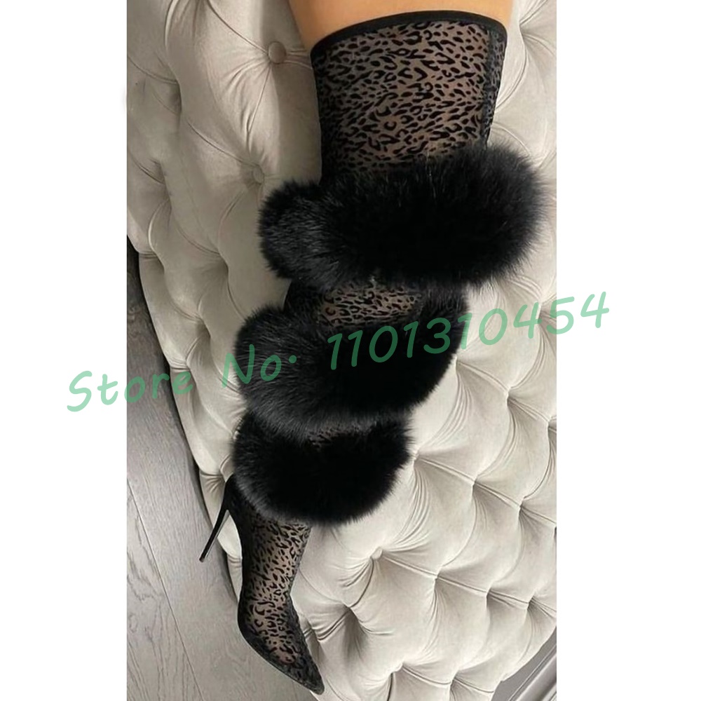 Fur Strap Stretch Thigh High Boots Ladies Leopard Mesh High Heels Women Shoes Spring New In Streetwear Fluff Sexy Black Boots