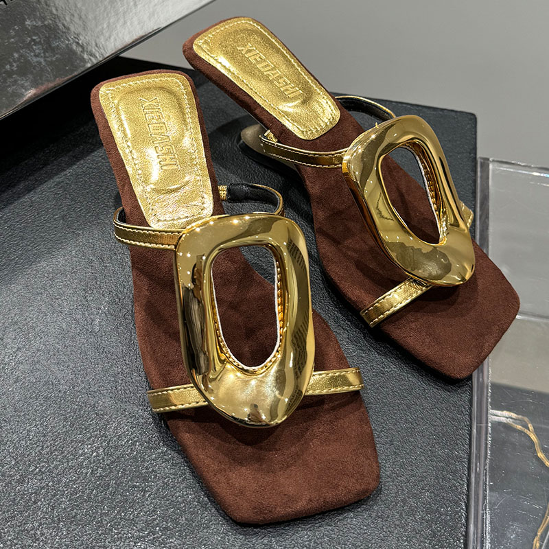 2025 new Slip Female On Footwear For Ladies New Summer Spring Shallow Fashion Metal Women Wedges Slides Pumps Shoes a25c