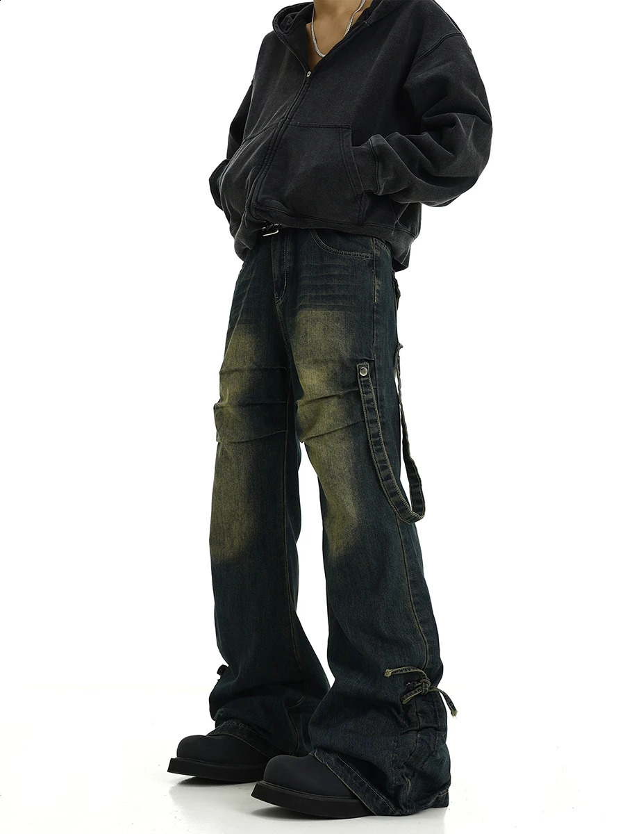 REDDACHiC Drawstring Stacked Flare Jeans Men Belt Deconstructed Whiskers Pleated Casual Wide Leg Bootcut Pants Hiphop Streetwear 240912