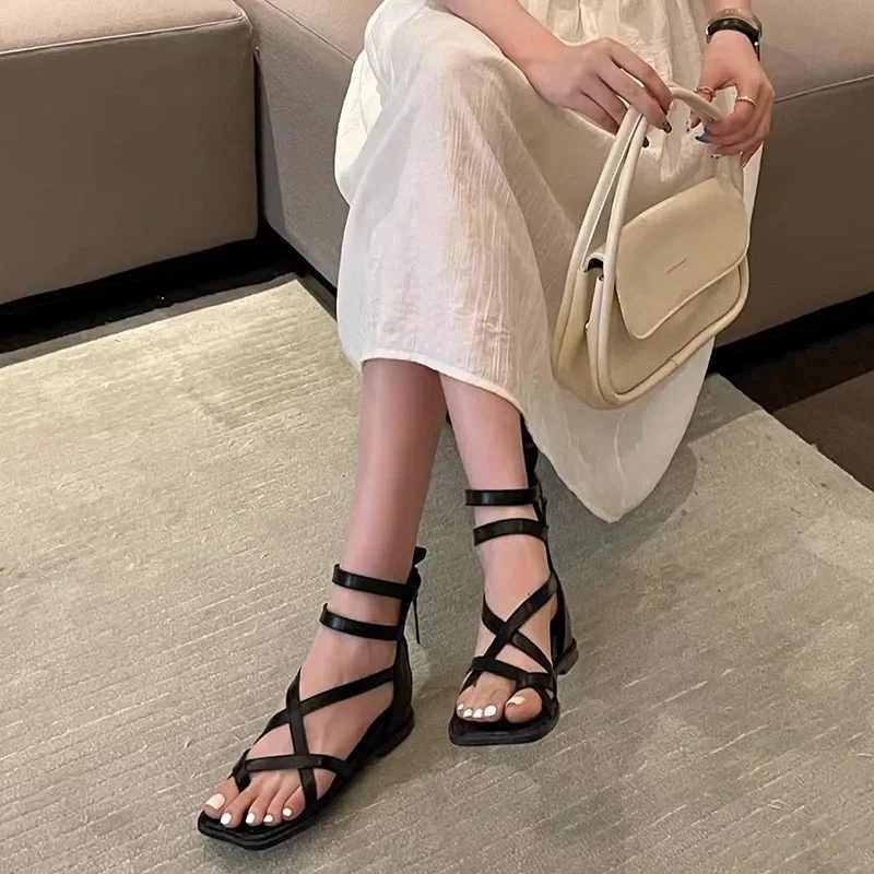 High-heeled Sandals New Fashionable Versatile Square Head Cross Strap Toe Flat Roman Women's Shoes