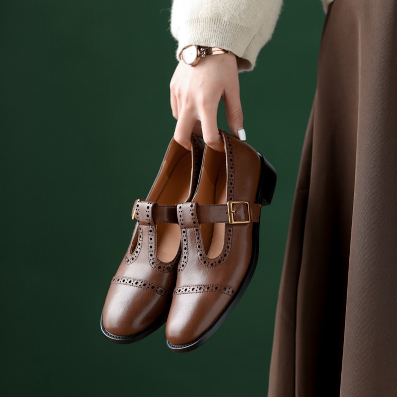 2025 new New 2022 Spring/Autumn Women's Shoes Round Toe Chunky Heel Mary Janes Split Leather Brown/Black Brogues Women Pumps e7c2