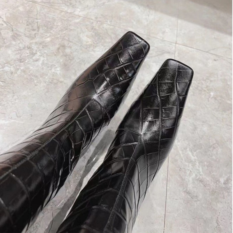 Stone Pattern Cowhide Black Apricot Knee High Women Autumn Winter Low Heels Square Toe Long Boots Retro Size 34-43 Shoes