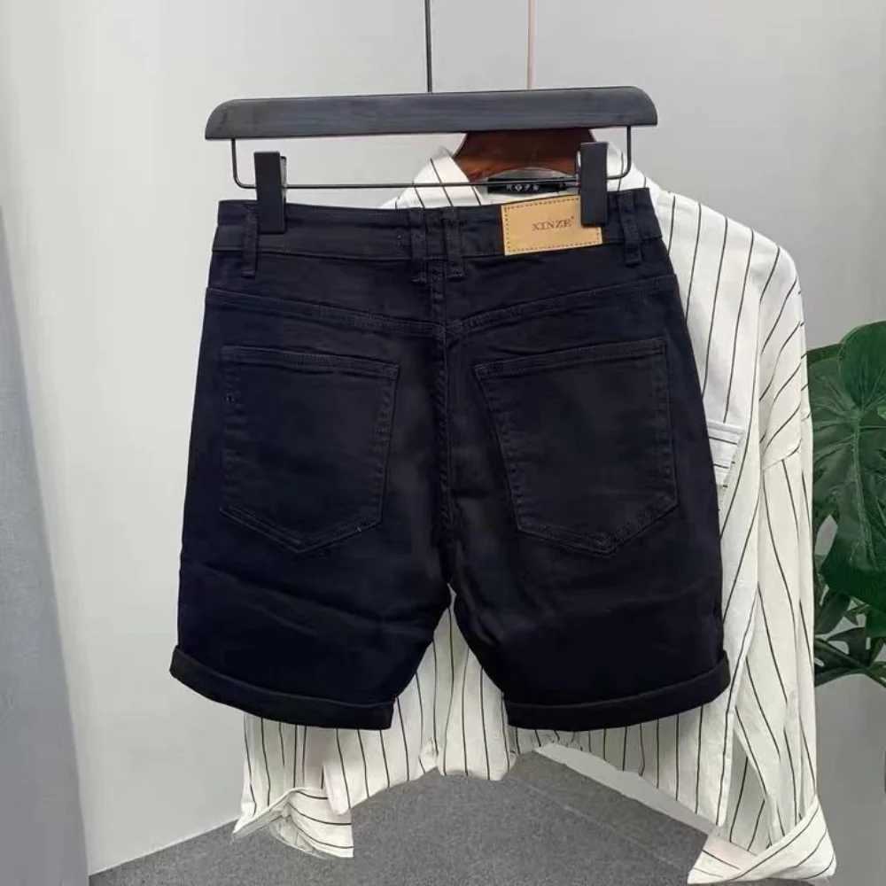 New Arrival Korean Style Clothes Cowboy Luxury Mens Slim Denim Jeans for Summer Fashion 2023 Black Leather Patch Jeans ShortsX240914