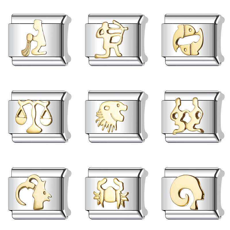 New Women's Gift 12 Constellation Gold Bead Italian Charms Links Bangle Beads Fit 9mm Stainless Steel Bracelet Making DIY For Women Fashion Jewel
