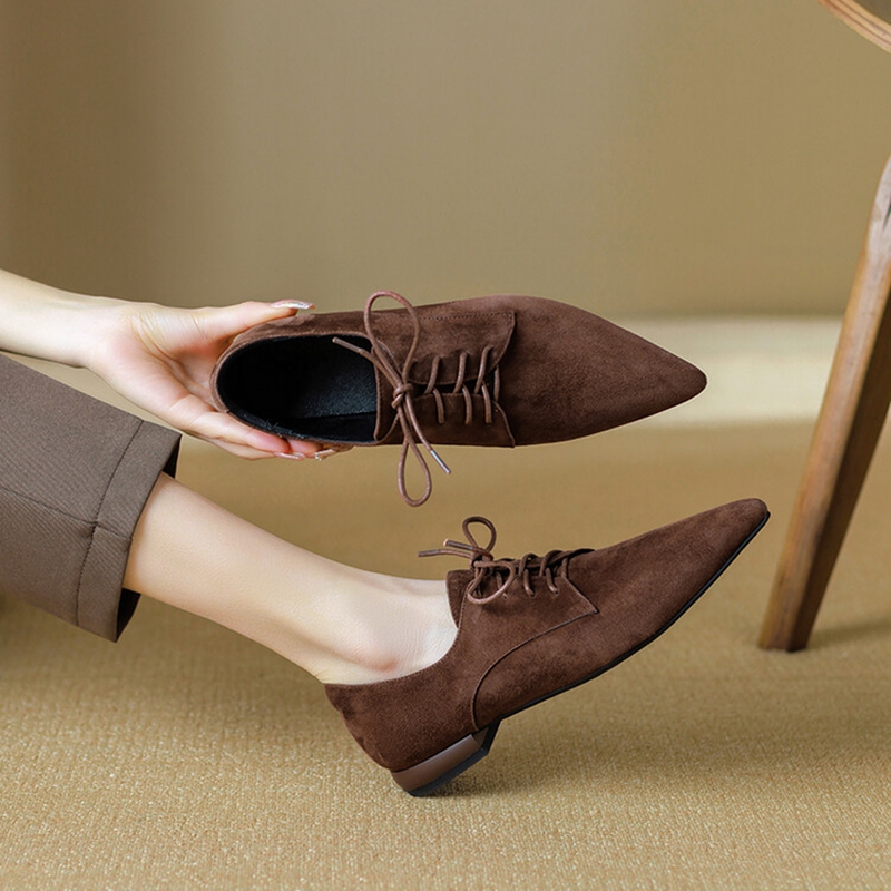 Spring/Autumn NEW Pumps Sheep New Suede Leather for Women Pointed Toe Low Heel Casual Black Lace-up Handmade Shoes 9e9d