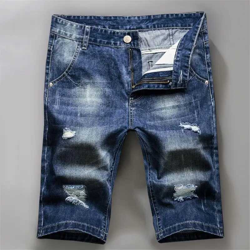 Men denim shorts casual and versatile denim capris denim shorts trendy and handsome nostalgic classic style perforated hoX240914