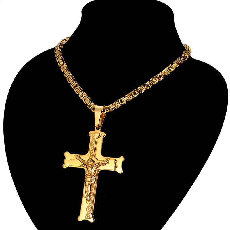 Stainless Steel Big Jesus Cross Pendant With Long Chain Mens Gold Color Crucifix Necklaces Male Religious Jewelry Drop 240910