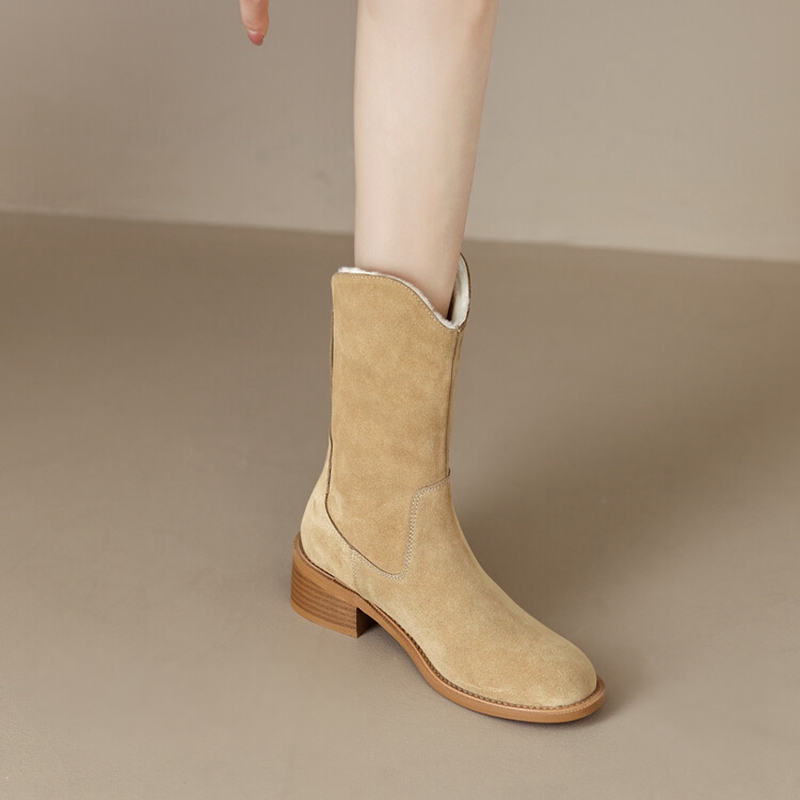 Winter NEW Round Toe Chunky Heel Short Cow Suede Wool Warm Snow Boots Autumn Shoes for Women 07f8