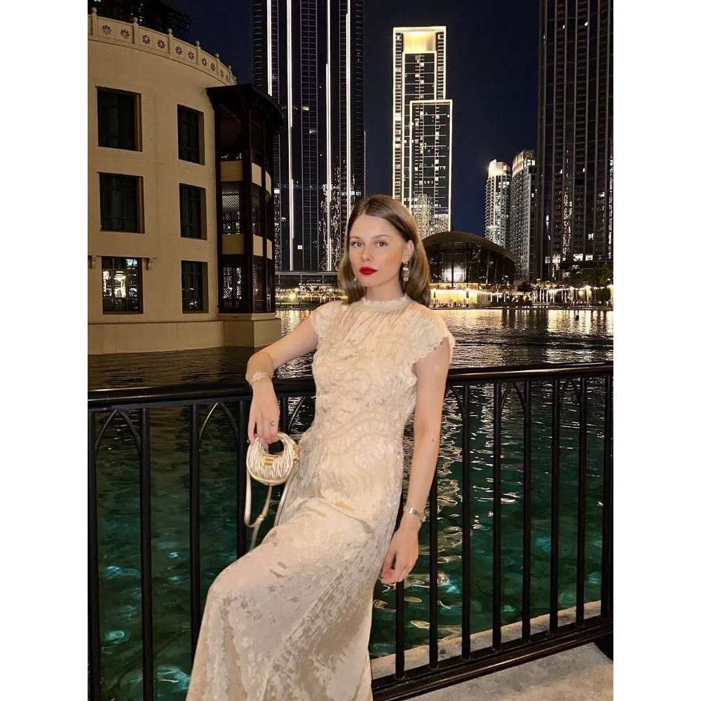 Fashion Jacquard Satin Round Neck Maxi Dress For Women Elegant Short Sleeve Long Dresses 2024 New Summer Lady Party Evening Gown