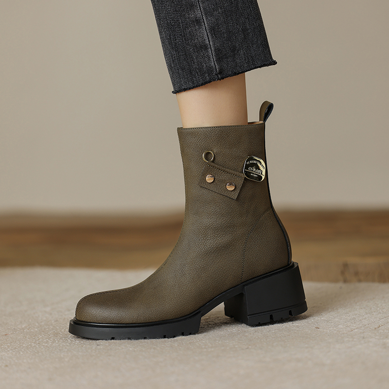 2024 Winter Genuine Leather Women Boots Round Toe Chunk Heel Platform Shoes Solid Chelsea Boots Casual Women Shoes Green Boots