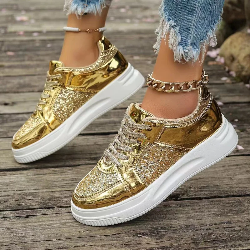 Women's Gold Sequins Platform Sneakers Autumn Fashion Casual Sports Thick Bottom Vulcanized Woman Flats Heels Shoes