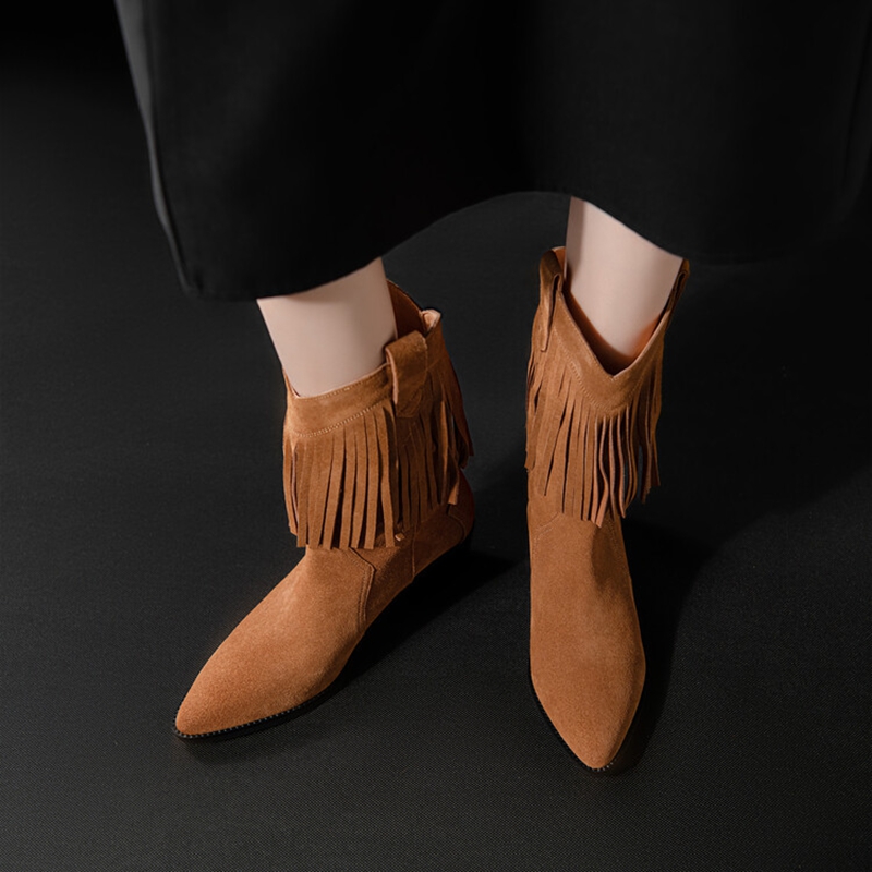 Autumn NEW Cow Suede Leather for Women Pointed Toe Chunky Heel Shoes Slip-on Tassels Black Western Boots d785