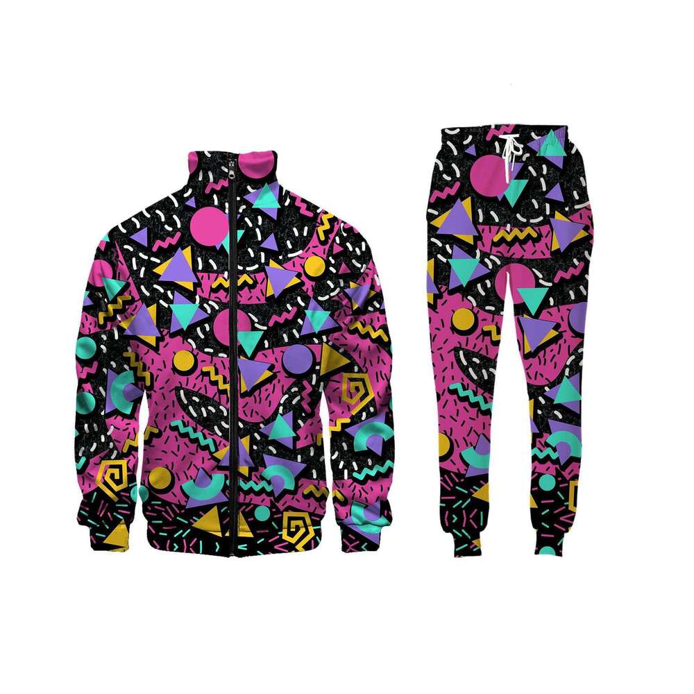 European men's casual sports with 3D digital printing long sleeved pants and zippered shirt set