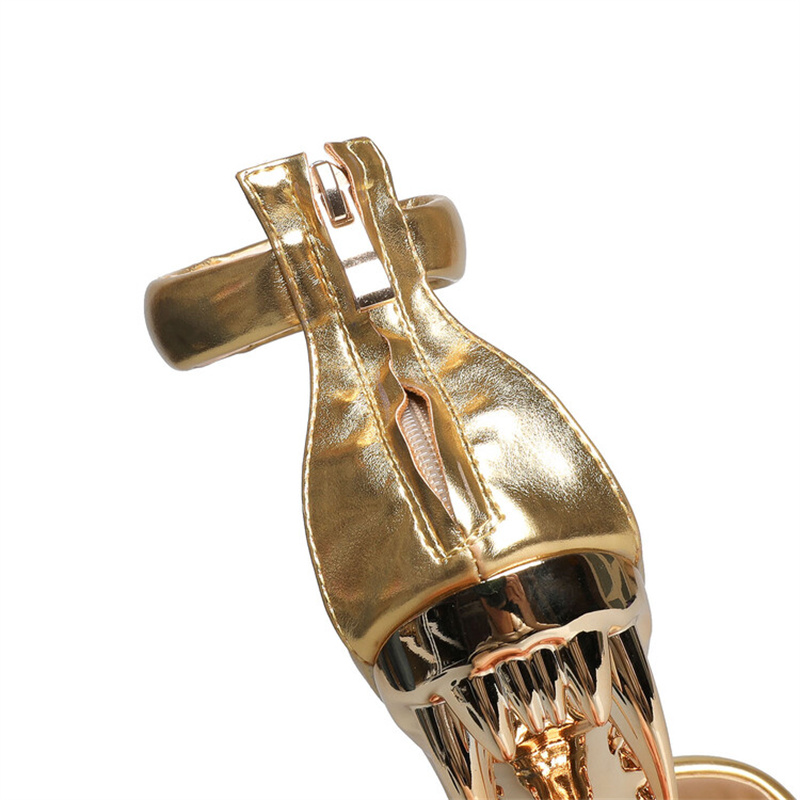 Brand Strange Heel Gold Tooth Wedge Heel Sandals Gold Leather Women's High Heels Summer Dress Banquet Show Designer Women Shoes