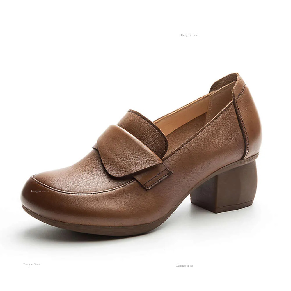 Autumn New 2023 Women's Four Seasons Single Thick Middle Heel Bottom Wash Hair Layer Soft Cowhide Wind Lefu Shoes