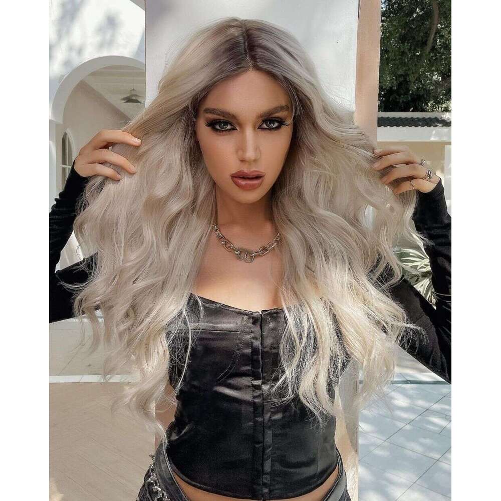 Ash Roots Loose Wave Lace Front Wig Platinum Blonde Synthetic Wigs Ombre Human Hair 5% Mixed Daily/Cosplay Heat Resistant