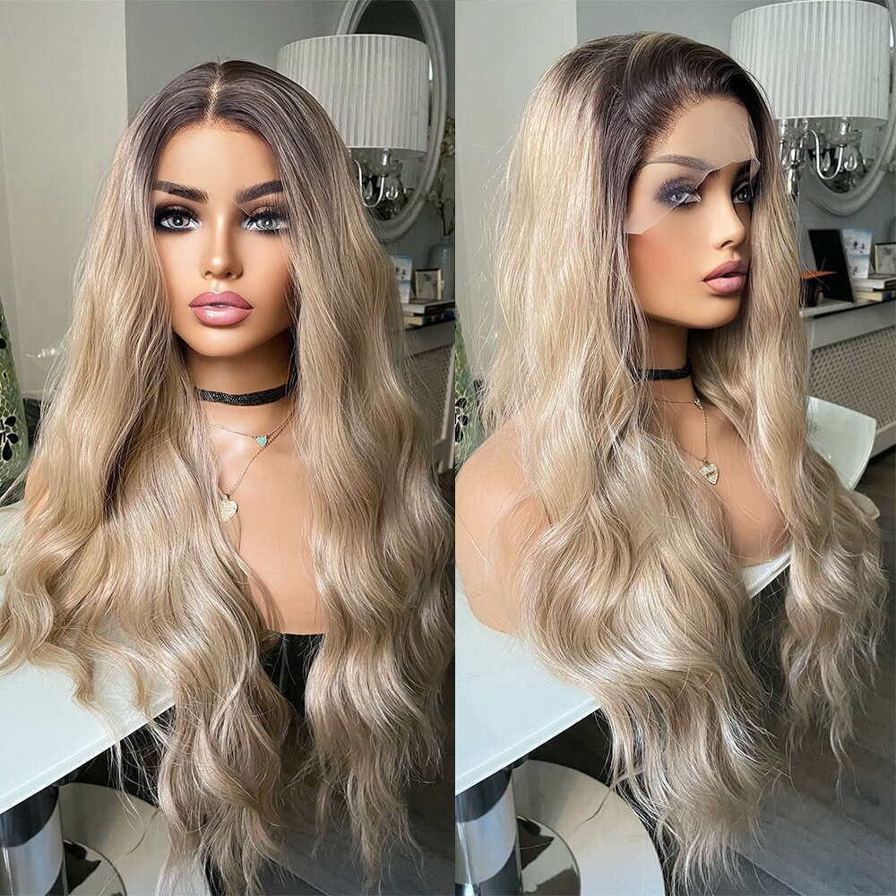 Ash Blonde Ombre Dark Brown Roots Synthetic Lace Front Wig For Alopecia Hair Loss Women Gift Daily Heat Resistant