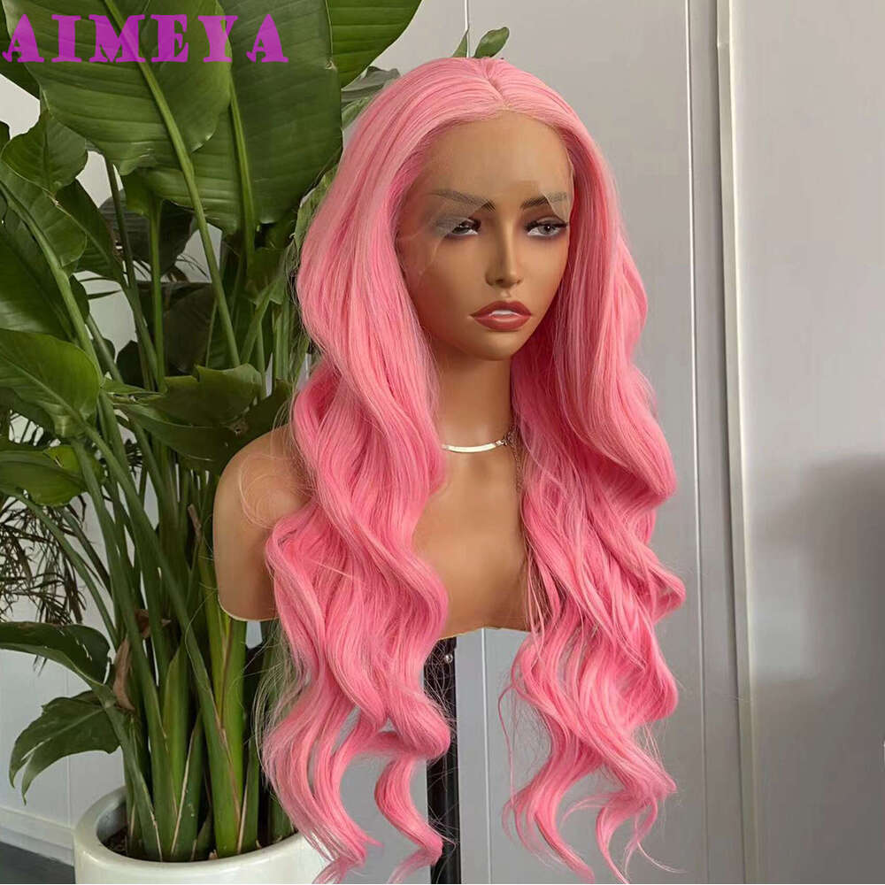 AIMEYA Lace Front For Women Girls Middle Part Long Body Wave Pink Wig Heat Resistant Synthetic Hair