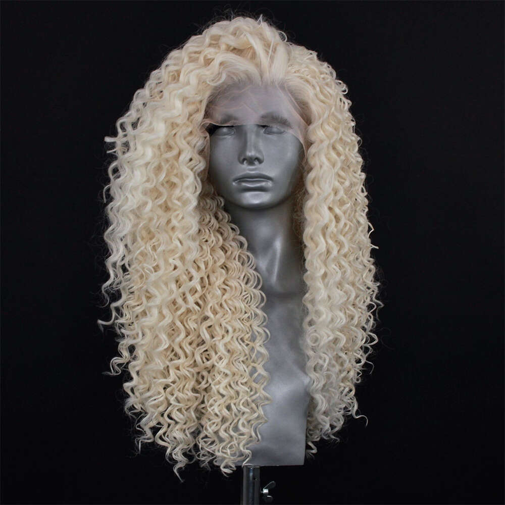 High Quality Heat Safe Synthetic Fibre Front Icy White Blonde Tight Curl Texture Full 150% HD Lace Curly Wig For Women