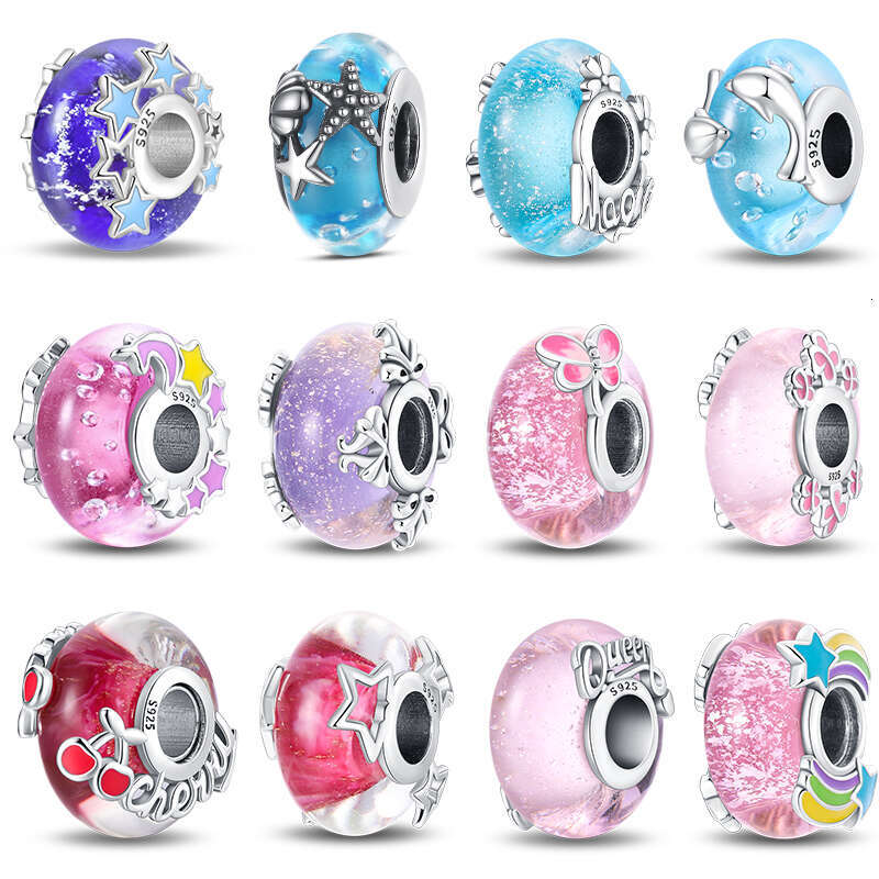 925 Sterling Silver Colorful Butterfly Dolphin Luminous Glass Charms Beads Fit Original Bracelets Fine DIY Jewelry
