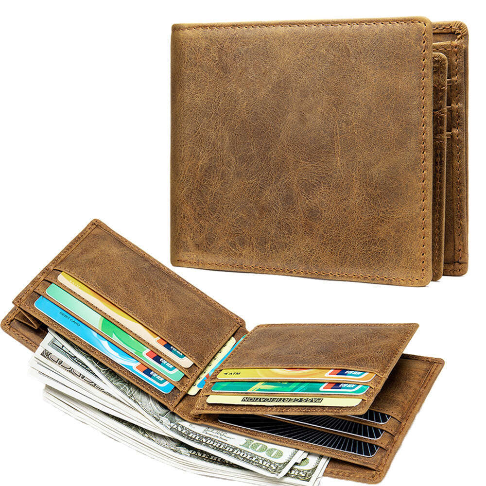 AMZZ Men's leather short zero wallet, handmade cowhide anti-theft card swipe bag