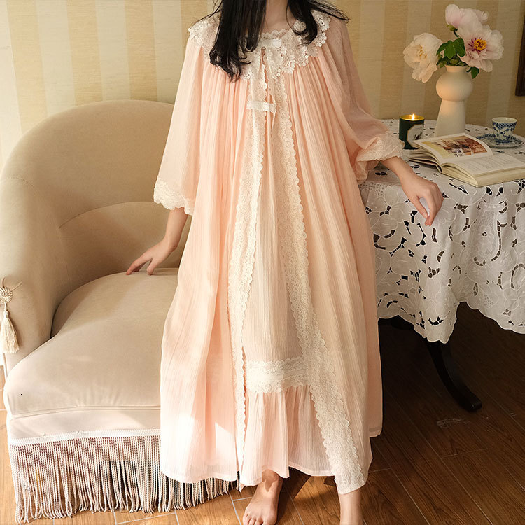 Princess Woman Cotton Dressing Gown Vintage Style Long Sleeve Robe Sleepwear 3 Color Pink White Blue