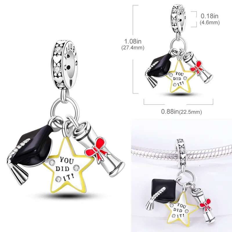 S925 Sterling Silver Graduation Season Series Colored Bachelor's Hat wer Charms Beads Fit Original Bracelets Jewelry