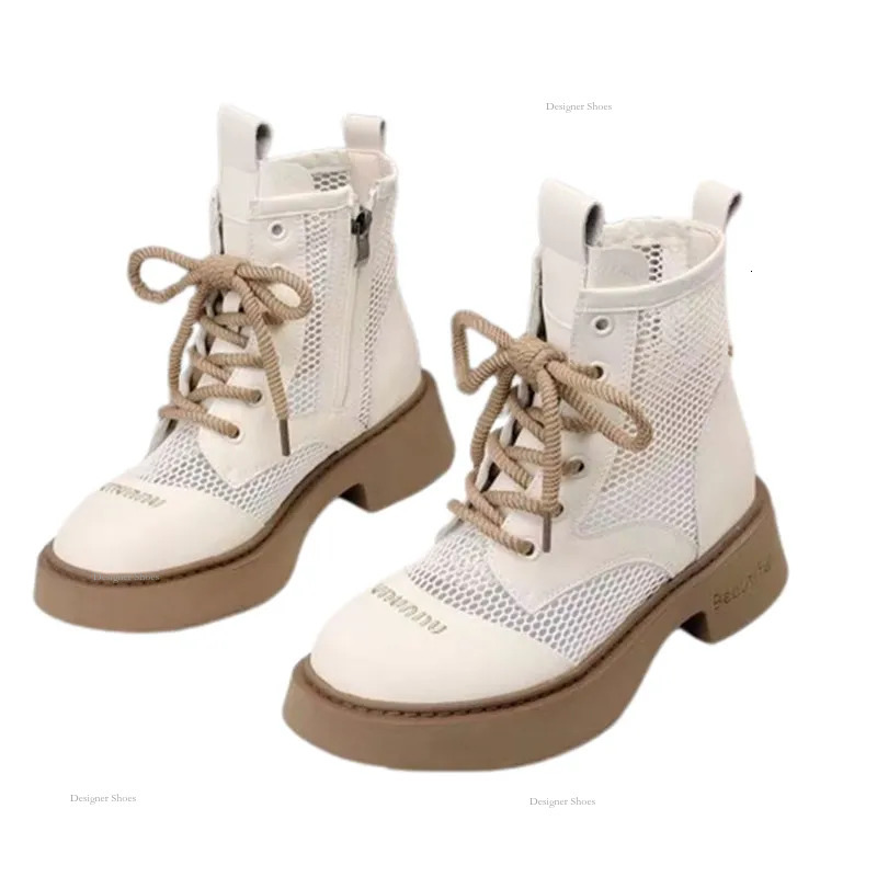 New 2024 Summer Mesh Martin Boots Womens Hollow Mid Heel Short Boots Thin Breathable Thick Sole Lace Cool Boots