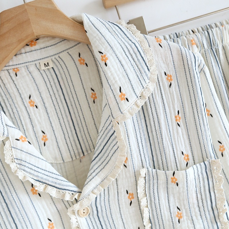 100% Cotton Gauze Women Pamas 2024 New Spring/Autumn Sleepwear Female 2 Piece Set Nightwear Lady Pyjamas Loungewear