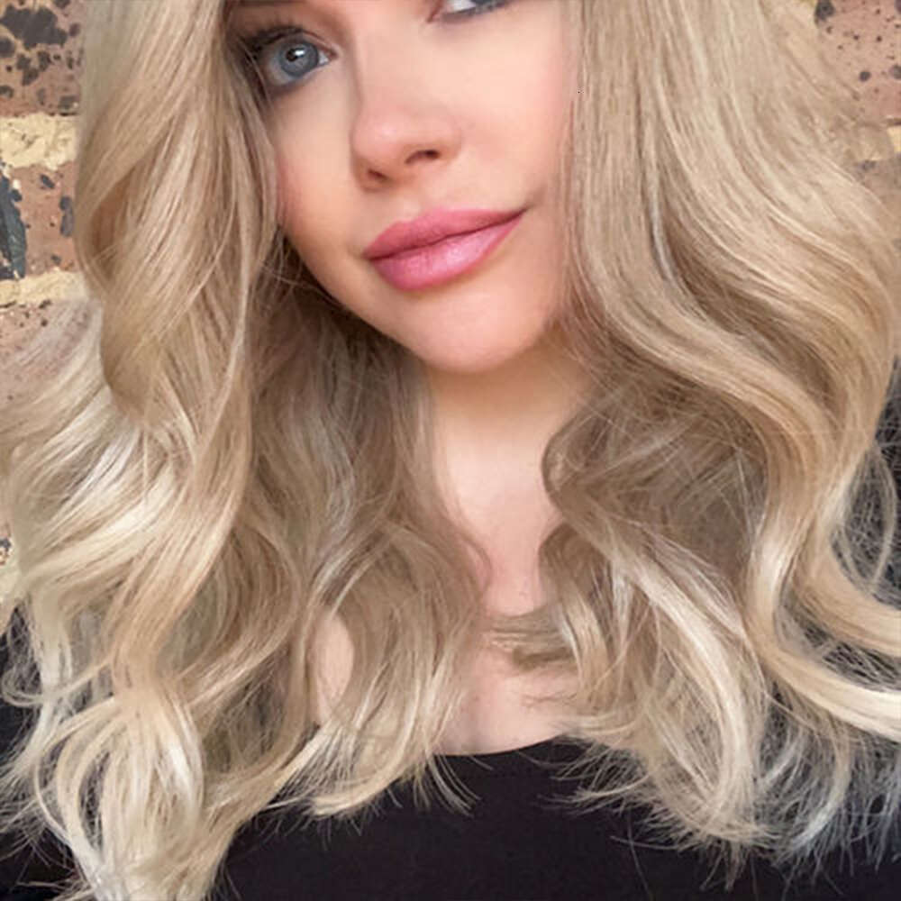 Bombshell Hoess Synthetic Wigs Pale Beige Blonde Highlight Lace Front Wig Beautiful Japanese Heat Friendly Fibres 18" Wavy
