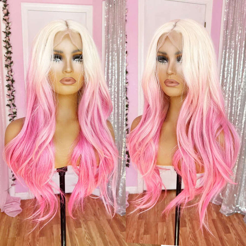 AIMEYA Ombre Platinum To Long Natural Wave Synthetic Lace Front Loose Curly Blonde Pink Wig Light Roots